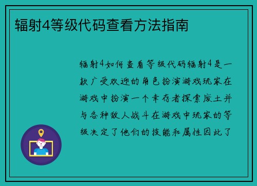 辐射4等级代码查看方法指南